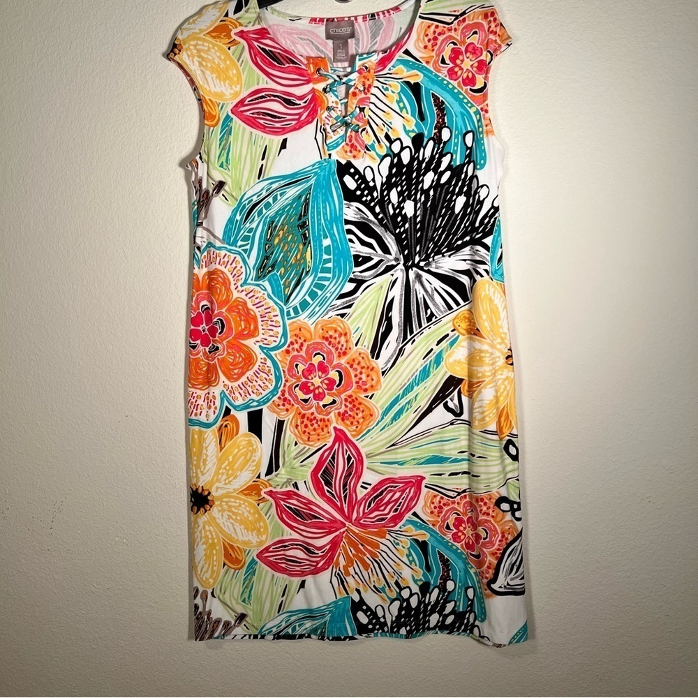 Chico's Floral Tropical Sleeveless Shift Dress Lace Up - Picture 2 of 7
